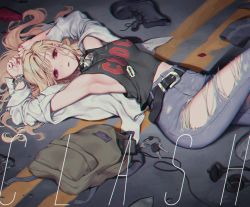 Rule 34 | 1girl, armpits, backpack, bag, barbed wire, belt, blonde hair, boots, bracelet, broken glass, car crash, car keys, choker, chromatic aberration, denim, glass, headphones, highres, jeans, jewelry, key, lock, long hair, looking at viewer, love cacao, lying, necklace, on back, open clothes, open shirt, original, padlock, pants, razor blade, red eyes, road, solo, street, text focus, torn clothes