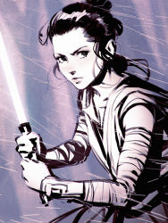 Rule 34 | 1girl, animification, bad id, bad tumblr id, energy sword, folded ponytail, hair bun, highres, ilya kuvshinov, jedi, lightsaber, looking at viewer, monochrome, rey (star wars), science fiction, serious, short hair, sketch, snow, snowing, solo, spoilers, star wars, star wars: the force awakens, sword, triple bun, weapon