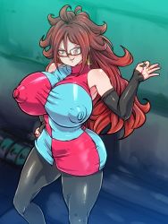 Rule 34 | 1girl, android 21, bare shoulders, blue eyes, breasts, brown hair, dragon ball, dragon ball fighterz, covered erect nipples, female focus, glasses, huge breasts, long hair, looking at viewer, puffy nipples, rickert kai, smile, solo, standing