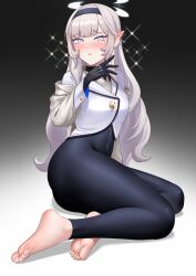 Rule 34 | 1girl, barefoot, black hairband, black leggings, blue archive, blush, cipher4109, dress, gradient background, grey hair, hairband, halo, himari (blue archive), jacket, leggings, long hair, long sleeves, looking at viewer, mole, mole under eye, parted lips, pointy ears, purple eyes, sidelocks, soles, solo, sparkle, striped clothes, striped hairband, toes, white dress, white jacket