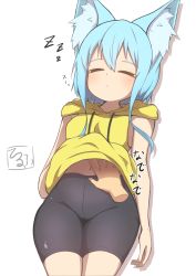 Rule 34 | 1girl, absurdres, animal ear fluff, animal ears, bare arms, belly rub, bike shorts, black shorts, blue hair, blush, breasts, closed eyes, closed mouth, clothes lift, disembodied hand, drawstring, groin, hair between eyes, highres, hood, hood down, hoodie, hoodie lift, idaten93, long hair, navel, original, shadow, short shorts, shorts, sleeping, sleeveless, sleeveless hoodie, small breasts, solo focus, terufu-chan, translation request, white background, yellow hoodie, zzz