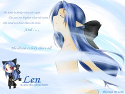 Rule 34 | 00s, 1girl, blue hair, english text, engrish text, half updo, len (tsukihime), melty blood, nude, pointy ears, ranguage, red eyes, sazare, solo, tsukihime, type-moon