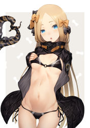 Rule 34 | 1girl, abigail williams (fate), abigail williams (traveling outfit) (fate), bikini, black bikini, black bow, black jacket, blue eyes, blush, bow, breasts, fate/grand order, fate (series), heroic spirit traveling outfit, jacket, kyoeiki, long hair, long sleeves, looking at viewer, multiple bows, navel, official alternate costume, open mouth, orange bow, parted bangs, polka dot, polka dot bow, sleeves past fingers, sleeves past wrists, small breasts, solo, swimsuit, tentacles