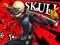 Rule 34 | 10s, 1boy, blonde hair, character name, gloves, grin, highres, looking at viewer, male focus, mask, persona, persona 5, sakamoto ryuuji, short hair, smile, solo, torio (mocd1985)