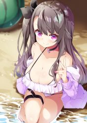 Rule 34 | 1girl, absurdres, alternate costume, azur lane, bikini, bikini pull, black hair, blush, breasts, cleavage, clothes pull, commentary request, head tilt, highres, jacket, large breasts, leer.meer, long hair, looking at viewer, nail polish, one side up, open mouth, pamiat merkuria (azur lane), purple eyes, smile, solo, swimsuit, thigh strap, toenail polish, toenails, wading, white bikini