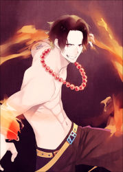 Rule 34 | 1boy, belt, bracelet, fire, freckles, jewelry, magic, male focus, necklace, one piece, pirate, portgas d. ace, topless male, shorts, smile, tattoo, too mizuguchi