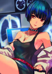 Rule 34 | 1girl, absurdres, belt, black shirt, blue hair, bob cut, breasts, choker, clipboard, collar, collarbone, computer, doctor, highres, jacket, jacket partially removed, jewelry, lab coat, looking at viewer, medium breasts, nail polish, necklace, persona, persona 5, red belt, red eyes, red nails, shirt, short hair, sitting, solo, spiked choker, spikes, strap slip, studded choker, studded collar, takemi tae, upper body, x-ray film, yuu (primenumber7)