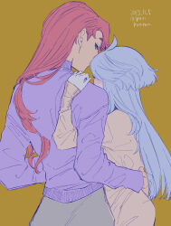 Rule 34 | 2girls, absurdres, ahoge, blue eyes, blush, brown sweater, commentary request, couple, dated, from behind, grey hair, gundam, gundam suisei no majo, hand on another&#039;s hip, hand on another&#039;s shoulder, highres, long hair, long sleeves, looking at viewer, looking back, miorine rembran, multiple girls, purple sweater, red hair, suletta mercury, sweater, thick eyebrows, twitter username, yuri, yuri kyanon
