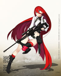 Rule 34 | 1girl, 92m, belt, bipod, black footwear, black gloves, blue eyes, boots, breasts, character name, closed mouth, copyright name, crop top, artistic error, fingerless gloves, floating hair, full body, girls&#039; frontline, gloves, gun, hair between eyes, highres, jacket, knee boots, kneehighs, load bearing equipment, long hair, looking at viewer, medium breasts, midriff, official art, open clothes, open jacket, pouch, red hair, rifle, scope, shadow, short shorts, shorts, single kneehigh, single sock, single thighhigh, sniper rifle, socks, solo, t-5000 (girls&#039; frontline), thigh strap, thighhighs, trigger discipline, tsurime, turtleneck, very long hair, watermark, weapon, web address, white shorts