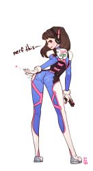 Rule 34 | 1girl, 34no404, ass, bodysuit, brown eyes, brown hair, d.va (overwatch), english text, facial mark, female focus, from behind, full body, gloves, gun, handgun, headphones, heart, holding, holding gun, holding weapon, leaning forward, long hair, looking at viewer, looking back, overwatch, overwatch 1, pilot suit, profile, signature, simple background, skin tight, smile, solo, spanking, swept bangs, weapon, whisker markings, white background, white gloves