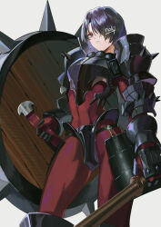 Rule 34 | 1girl, armor, artist name, berengaria (unicorn overlord), black hair, bodysuit, breastplate, closed mouth, commentary request, crotch plate, from below, gauntlets, hair over one eye, holding, holding shield, looking at viewer, noki (affabile), red bodysuit, red eyes, shield, short hair, simple background, solo, standing, unicorn overlord, white background