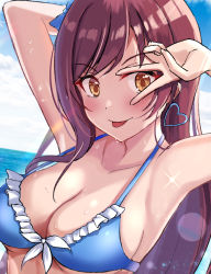 Rule 34 | 1girl, absurdres, arm behind head, armpits, arms up, beach, bikini, blue bikini, blue sky, blush, breasts, cleavage, closed mouth, cloud, collarbone, day, earrings, frilled bikini, frills, front-tie bikini top, front-tie top, heart, heart earrings, highres, horizon, idolmaster, idolmaster shiny colors, jewelry, long hair, looking at viewer, medium breasts, ocean, okutomi fumi, osaki amana, outdoors, red hair, sky, smile, solo, swept bangs, swimsuit, tongue, tongue out, v, water, wet, yellow eyes