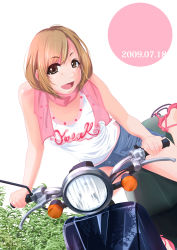 Rule 34 | bare shoulders, brown eyes, brown hair, high heels, motor vehicle, open mouth, original, scarf, scooter, shoes, short hair, smile, solo, tsuka (blind side), vehicle