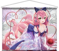 Rule 34 | 1girl, breasts, hair ribbon, japanese clothes, kimono, monster girl, nipples, pointy ears, ribbon, scylla, small breasts, solo, syrene (kyuri tizu), tapestry, tentacles