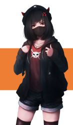 Rule 34 | 1girl, anger vein, backpack, bag, beret, black hair, black hat, black jacket, black thighhighs, contrapposto, covered mouth, cowboy shot, hat, head tilt, highres, horns, jacket, long sleeves, looking at viewer, mask, medium hair, mouth mask, ninja mask, original, red eyes, shimmer, shorts, simple background, skull and crossbones, skull print, solo, standing, thighhighs, two-tone background
