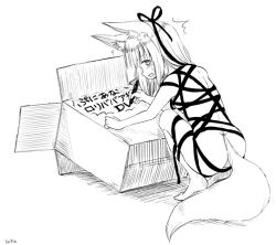 Rule 34 | ^^^, animal ear fluff, animal ears, barefoot, batta (kanzume quality), box, cardboard box, commentary request, fox ears, fox tail, from behind, greyscale, looking at viewer, looking back, monochrome, naked ribbon, original, parted lips, ribbon, signature, simple background, squatting, sweatdrop, tail, translation request, white background