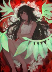 Rule 34 | 1girl, abstract background, bad id, bad pixiv id, bare arms, bare legs, bare shoulders, black hair, breasts, commentary, crossed arms, dokomon, dress, english commentary, closed eyes, flower, full body, green wings, hair flaps, highres, long hair, red background, saya (saya no uta), saya no uta, small breasts, solo, spaghetti strap, sundress, very long hair, white dress, white flower, wings