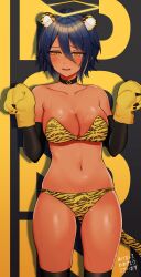 Rule 34 | 1girl, 2022, absurdres, agame-san (agamemega), agamemega, ahoge, animal ears, animal hands, animal print, arms up, bikini, blonde hair, blue hair, blush, breasts, choker, cleavage, collarbone, cowboy shot, dark blue hair, embarrassed, facing viewer, fake animal ears, hair between eyes, halo, highres, looking down, multicolored hair, navel, number-only commentary, open mouth, original, rectangular halo, short hair, stomach, streaked hair, sweatdrop, swimsuit, thighs, tiger ears, tiger paws, tiger print, tongue, translation request