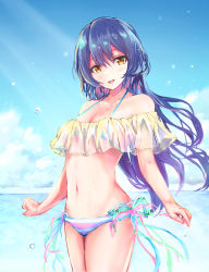 Rule 34 | 1girl, :d, absurdres, bad id, bad pixiv id, bare shoulders, bikini, blue hair, blue sky, blush, breasts, cloud, collarbone, day, female focus, hair between eyes, head tilt, highres, long hair, looking at viewer, love live!, love live! school idol project, navel, ocean, open mouth, outdoors, see-through, side-tie bikini bottom, sky, small breasts, smile, solo, sonoda umi, striped bikini, striped clothes, sunlight, swept bangs, swimsuit, tanaka212, water drop, yellow eyes
