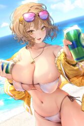 Rule 34 | 1girl, anis (nikke), anis (sparkling summer) (nikke), bikini, blonde hair, blurry, breasts, can, cleavage, depth of field, drink can, eyepatch bikini, goddess of victory: nikke, highres, huge breasts, large breasts, looking at viewer, navel, open mouth, ruhee, short hair, smile, soda can, solo, sunglasses on head, swimsuit, yellow eyes