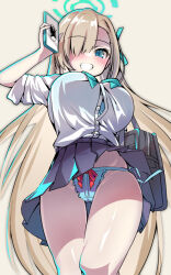 Rule 34 | 1girl, asuna (blue archive), blonde hair, blue archive, blue eyes, blue panties, blue skirt, breasts, button gap, cleavage, green halo, hair over one eye, halo, large breasts, long hair, looking at viewer, panties, pleated skirt, shirt, skirt, smile, solo, thighs, underwear, very long hair, white shirt, yuacalo