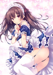 Rule 34 | 1girl, apron, ass, bell, black panties, blue dress, blush, bow, brown hair, commentary request, dress, female focus, finger to mouth, frilled apron, frills, garter belt, hair between eyes, hair bow, hair ornament, highres, jingle bell, long hair, lying, maid, maid headdress, on side, original, panties, pantyshot, parted lips, puffy short sleeves, puffy sleeves, red bow, red eyes, ryo (botugo), short sleeves, shushing, solo, thighhighs, underwear, very long hair, waist apron, white apron, white bow, white thighhighs