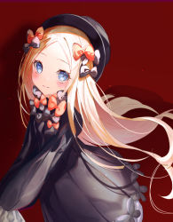 Rule 34 | 1girl, abigail williams (fate), black bow, black dress, black hat, blonde hair, bloomers, blue eyes, blush, bow, breasts, closed mouth, dress, fate/grand order, fate (series), forehead, hair bow, hat, long hair, long sleeves, looking at viewer, merryj, multiple hair bows, orange bow, parted bangs, ribbed dress, sleeves past fingers, sleeves past wrists, small breasts, smile, underwear, white bloomers