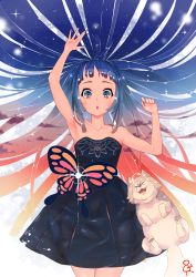 Rule 34 | 1girl, absurdres, armpits, arms up, bare shoulders, black dress, blue hair, breasts, bug, butterfly, collarbone, commentary request, dress, highres, bug, long hair, open mouth, original, outdoors, partial commentary, small breasts, standing, very long hair, wolf, yoshida (penguindynamite)