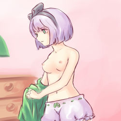 Rule 34 | 1girl, bad id, bad pixiv id, bloomers, bow, breasts, chest of drawers, expressionless, green eyes, hair bow, headband, highres, konpaku youmu, lampshade, navel, nipples, short hair, solo, touhou, underwear, undressing, white hair, yoruny