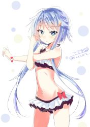 Rule 34 | 1girl, bikini, bikini skirt, blue eyes, blue hair, blush, bow, breasts, closed mouth, hair ornament, highres, hizaka, kantai collection, long hair, looking at viewer, moon, one-hour drawing challenge, red bow, short hair with long locks, simple background, small breasts, solo, swimsuit, twintails, twitter username, white background, yayoi (kancolle)