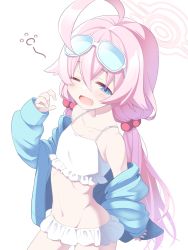 Rule 34 | 1girl, ;d, ahoge, animal ears, bare shoulders, bikini, bikini under clothes, blue archive, blue eyes, blue jacket, blush, bow, collarbone, eyewear on head, fang, frilled bikini, frills, groin, hair between eyes, hair bobbles, hair ornament, halo, hand up, highres, hoshino (blue archive), hoshino (swimsuit) (blue archive), jacket, long hair, long sleeves, low twintails, navel, off shoulder, one eye closed, open clothes, open mouth, pink hair, simple background, sleepy, sleeves past wrists, smile, solo, standing, sunglasses, swimsuit, swimsuit under clothes, tatsuya (trypaint), twintails, very long hair, white background, white bikini