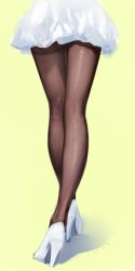 Rule 34 | 1girl, brown pantyhose, crossed legs, dated, dress, from behind, green background, high heels, kisei2, legs, lower body, original, pantyhose, pumps, shadow, simple background, solo, standing, thighband pantyhose, watson cross, white dress, yellow background