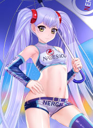 Rule 34 | 1girl, belt, belt buckle, blue shorts, blue sleeves, blue thighhighs, blue umbrella, buckle, cameltoe, closed mouth, clothes pull, collarbone, copyright name, cowboy shot, crop top, detached sleeves, gluteal fold, grey hair, groin, hair ornament, hand on own hip, highres, holding, holding umbrella, hoshino ruri, kidou senkan nadesico, long hair, long sleeves, looking at viewer, micro shorts, midriff, multicolored clothes, multicolored shorts, multicolored sleeves, navel, print shorts, print sleeves, purple belt, race queen, shorts, shorts pull, smile, solo, standing, stomach, thighhighs, twintails, ultramarimo, umbrella, very long hair, white shorts, white sleeves, yellow eyes
