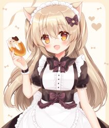 Rule 34 | 1girl, :d, animal ears, apron, black dress, blush, bow, brown bow, brown eyes, cat ears, center frills, doughnut, dress, food, frilled apron, frills, hair between eyes, hair bow, hand up, highres, holding, holding food, light brown hair, long hair, maid, maid headdress, open mouth, original, puffy short sleeves, puffy sleeves, shikito (yawa0w0), shirt, short sleeves, smile, solo, two side up, very long hair, white apron, white shirt, wrist cuffs