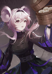 Rule 34 | 1girl, absurdres, animal ears, arknights, baozi, black dress, black hairband, breasts, commentary request, dress, food, hairband, highres, large breasts, lin (arknights), long hair, long sleeves, mouse ears, open mouth, purple eyes, purple hair, solo, upper body, wide sleeves, woodylixx