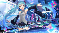 Rule 34 | 1girl, aqua eyes, aqua hair, armpits, detached sleeves, hatsune miku, headset, long hair, military, military vehicle, motor vehicle, necktie, open mouth, outstretched arm, skirt, solo, spring onion, stage, suika01, tank, thighhighs, tiger i, twintails, very long hair, vocaloid, vocaloid tiger1