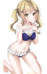 Rule 34 | 1girl, absurdres, bang dream!, barefoot, bikini, blonde hair, blue bikini, blush, breasts, closed mouth, commentary, fingers together, frilled bikini, frills, front-tie bikini top, front-tie top, hair ornament, highres, ichigaya arisa, kawai ritsu (rits meg), kneeling, leaning forward, light frown, looking at viewer, medium breasts, medium hair, navel, simple background, solo, swimsuit, twintails, white background, x hair ornament, yellow eyes
