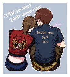 Rule 34 | 1boy, 1girl, anniversary, back, bare shoulders, blue pants, blue shirt, blush, brown hair, camouflage, camouflage pants, character name, claire redfield, denim, head on another&#039;s shoulder, high ponytail, jeans, looking at another, mar0maru, midriff, pants, prison clothes, red shirt, resident evil, resident evil - code: veronica, shirt, signature, simple background, sitting, steve burnside, uniform