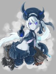 Rule 34 | 10s, 1girl, 4suke, abyssal ship, amputee, black skirt, choker, crop top, destroyer princess, double amputee, fake horns, gradient background, groin, hat, horned headwear, horns, kantai collection, looking at viewer, miniskirt, navel, pleated skirt, purple eyes, school uniform, serafuku, side ponytail, skirt, sleeveless, solo, turret, white hair