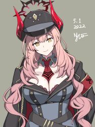 Rule 34 | 1girl, absurdres, armband, between breasts, blue archive, bra, breasts, commentary request, dated, demon horns, halo, hat, highres, horns, large breasts, long hair, looking at viewer, military, military hat, military uniform, mole, mole on breast, necktie, necktie between breasts, nishiumi yuuta, pink hair, red armband, red necktie, satsuki (blue archive), signature, solo, underwear, uniform, yellow eyes