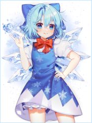 Rule 34 | 1girl, bloomers, blue bow, blue dress, blue eyes, blue hair, blush, bow, bowtie, chariko, cirno, commentary, cowboy shot, crystal, dress, english commentary, hair bow, hand on own hip, heart, highres, ice, ice wings, looking at viewer, puffy short sleeves, puffy sleeves, red bow, short hair, short sleeves, smile, snowflake background, snowflake print, solo, standing, touhou, underwear, white background, wings