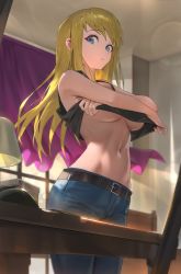 Rule 34 | 1girl, bare arms, bare shoulders, belt, blonde hair, blue eyes, blue pants, breasts, brown belt, buckle, closed mouth, clothes lift, commentary, cowboy shot, denim, frown, fullmetal alchemist, highres, hood (james x), indoors, jeans, large breasts, lifting own clothes, looking at viewer, navel, pants, shirt lift, sidelocks, solo, standing, stomach, underboob, winry rockbell