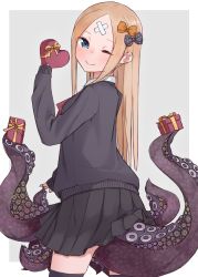 Rule 34 | 1girl, abigail williams (fate), absurdres, bandaid, bandaid on face, bandaid on forehead, black bow, black skirt, black thighhighs, blonde hair, blue eyes, blush, bow, box, breasts, crossed bandaids, fate/grand order, fate (series), forehead, gift, gift box, grey sweater, hair bow, heart-shaped box, highres, kopaka (karda nui), long hair, long sleeves, looking at viewer, looking back, multiple bows, one eye closed, orange bow, parted bangs, pleated skirt, polka dot, polka dot bow, skirt, small breasts, smile, sweater, tentacles, thighhighs, thighs