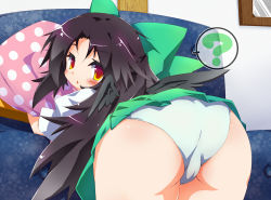 Rule 34 | 1girl, ?, ass, bent over, black hair, black wings, blush, body blush, bow, cameltoe, chikyuujin a, female focus, from behind, hair bow, indoors, looking at viewer, looking back, miniskirt, hugging object, panties, pillow, pillow hug, pleated skirt, presenting, pussy, reiuji utsuho, shiny skin, skirt, solo, touhou, underwear, upskirt, white panties, wings, yellow eyes