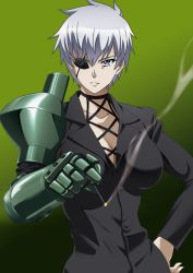 Rule 34 | 10s, 1girl, akame ga kill!, black shirt, black suit, breasts, business suit, choker, cigarette, collarbone, eyepatch, female focus, formal, green background, highres, large breasts, looking at viewer, mechanical arms, najenda, office lady, official art, over shoulder, prosthesis, prosthetic arm, purple eyes, shirt, short hair, silver hair, single mechanical arm, smoke, smoking, solo, solo focus, square enix, standing, suit, third-party edit, tomboy