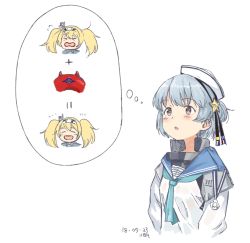 Rule 34 | &gt; &lt;, 2girls, :d, abyssal ship, blonde hair, blue hair, blush, brown eyes, dated, double bun, enemy lifebuoy (kancolle), closed eyes, gambier bay (kancolle), hat, hat ornament, hat ribbon, kantai collection, kawashina (momen silicon), long hair, math, medal, multiple girls, neckerchief, open mouth, parted lips, ribbon, sailor collar, samuel b. roberts (kancolle), short hair, simple background, smile, star (symbol), star hat ornament, thought bubble, twintails, upper body, white background