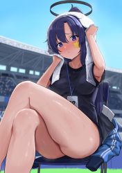 Rule 34 | 1girl, absurdres, alternate costume, alternate hairstyle, black shirt, blue archive, blurry, blurry background, blush, breasts, closed mouth, commentary, crossed legs, day, halo, highres, jacket, unworn jacket, kuro (zhurunbo1997), lanyard, legs, long hair, looking at viewer, medium breasts, outdoors, ponytail, purple eyes, purple hair, shiny skin, shirt, sitting, solo, stadium, star (symbol), sweat, symbol-only commentary, thighs, towel, towel on head, yuuka (blue archive), yuuka (track) (blue archive)