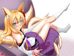 Rule 34 | 1girl, animal ear fluff, animal ears, bare shoulders, blonde hair, blush, breasts, cleavage, couch, dated, fox ears, green eyes, heart of tentacles, highres, inari, japanese clothes, kimono, kitsune, kyaputen, light smile, lipstick, long hair, looking at viewer, lying, makeup, mon-musu quest!, monster girl, multiple tails, shadow, sidelocks, sitting, small breasts, socks, solo, tail, tamamo (mon-musu quest!), tattoo, watermark