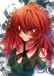 Rule 34 | 1girl, bare shoulders, breasts, closed mouth, clothing cutout, cluseller, cropped arms, cropped torso, eyes visible through hair, female focus, green shirt, hair between eyes, highres, light particles, long hair, matching hair/eyes, messy hair, original, outline, red eyes, red hair, shirt, shoulder cutout, sidelocks, small breasts, solo, upper body, white outline