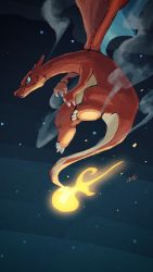 Rule 34 | charizard, claws, closed mouth, commentary request, creatures (company), fang, fang out, flame-tipped tail, flying, game freak, gen 1 pokemon, highres, n-shi (fruit1830), night, nintendo, no humans, outdoors, pokemon, pokemon (creature), signature, solo
